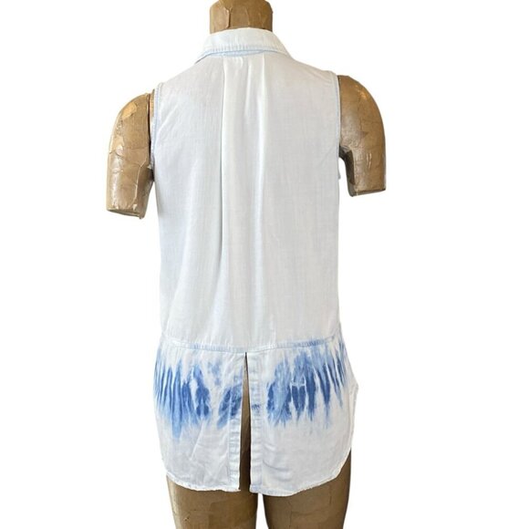 REBA Sleeveless Button Front Chambray Top 2 Pocket Dip/Tie Dye Blues Sz S #340A - Picture 5 of 8